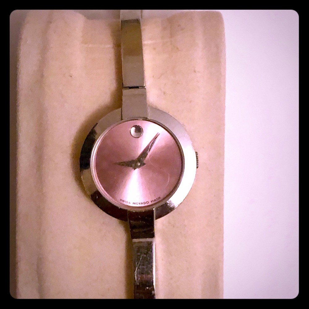 Ladies Silver Band Movado Watch with Pink Dial